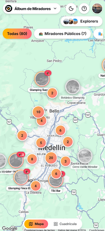 El álbum de miradores en la app: mapa de Medellín con los miradores por coleccionar